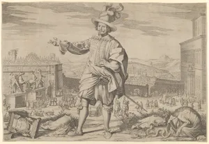 Portrait of Ioannes Altus (Johann Alten), of the Swiss Guard, standing by the Quirinal and pointing out the antiquities of Rome