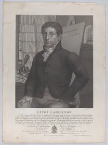 Portrait of Luigi Lagrange, seated with an easel behind him at right with a mathematical equation