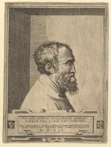 Portrait of Michelangelo in profile facing right set within a recess