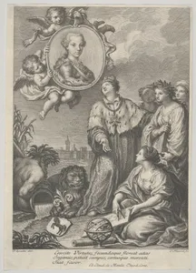 Portrait of the future Holy Roman Emperor Leopold II as the Archduke of Austria and Grand Duke of Tuscany, set within a roundel upper left, allegorical figures representing the arts and sciences below