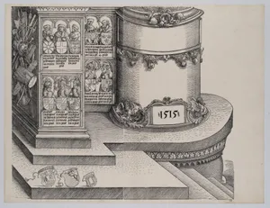 Portraits of Maximilian's Relatives; and The Base of the Right Outer Column with the Date 1515, from the Arch of Honor, proof, dated 1515, printed 1517-18