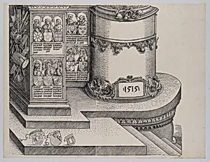 Portraits of Maximilian's Relatives; and The Base of the Right Outer Column with the Date 1515, from the Arch of Honor, proof, dated 1515, printed 1517-18 by Albrecht Altdorfer|Hans Springinklee|Hieronymus Andreae