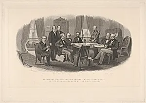 President Lincoln and His Cabinet, with Lt. General Scott, in the Council Chamber at the White House by Robert Whitechurch|Christian Schussele|Simon Cameron|General Winfield Scott|Caleb Blood Smith|Abraham Lincoln|Montgomery Blair|Samuel Portland Chase|Edward Bates|Gideon Welles