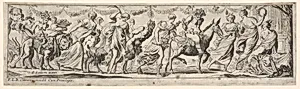 Procession of draped women leading captives and animals, at left Envy rides a lion, at right Silenus rides a donkey, from a series of twelve frieze-like designs showing bacchanals, sacrifices, and dances by Pierre Brebiette|François Langlois