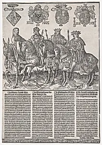 Procession of the Counts and Countess of Holland on Horseback: Mary of Burgundy, Maximilian I, Philip the Fair, and Charles V by Doen Pietersz.|Jacob Cornelisz van Oostsanen