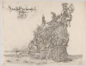 Procession, with a male and female figure seated on a float
