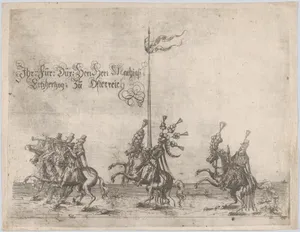 Procession, with men riding horses; three men playing trumpets at front, a knight at center, and a gentleman at the rear