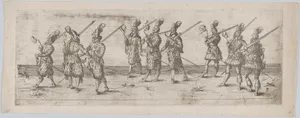 Procession, with three groups of three men, each holding a gun