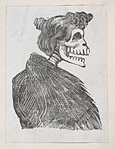 Profile of a female skeleton with a fur vest, from a broaside entitled 'La Calavera de Cupido', published by Antonio Vanegas Arroyo. by José Guadalupe Posada