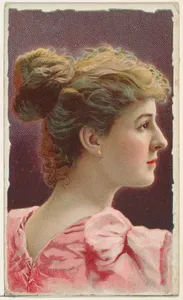 Profile of actress wearing pink bodice, from Stars of the Stage, First Series (N129) issued by W. Duke, Sons & Co. to promote Honest Long Cut Tobacco
