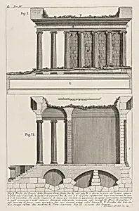 Profile of the Temple of Fortuna Virilis (Profilo del Tempio della Fortuna Virile), and section of the temple, from the series 'Le Antichità Romane' by Giovanni Battista Piranesi