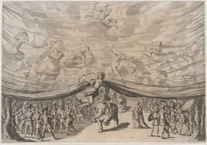 Prologue; the stage curtain is lifted to reveal a soldier on an elephant surrounded by his army; above Jupiter and his eagle look down on men carrying boulders; set design from 'La Monarchia Latina Trionfante'