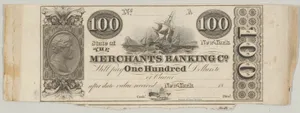 Proof of one side of a New York Merchants Banking Company 100 Dollar Bill