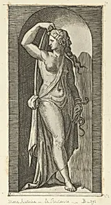 Prudence personified by a woman standing in a niche, holding a shawl in her right hand, a snake coiled around her, left from 'The Virtues' by Marcantonio Raimondi|Raphael (Raffaello Sanzio or Santi)