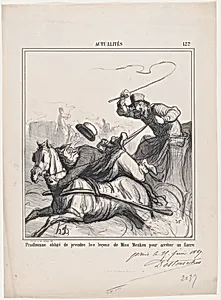 Prudhomme obliged to take lessons from Miss Menken in order to stop a cab, from 'News of the day,' published in Le Charivari, July 1, 1867 by Destouches|Honoré Daumier|Arnaud de Vresse