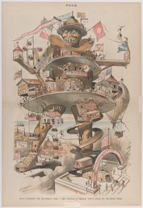 Puck's Suggestion for the World's Fair, The Colossus of Chicago Would Knock Out the Eiffel Tower, from "Puck Magazine"