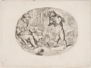 Putto at left by a fire, anther at right carrying wood, an allegory of the seasons (Winter) an oval composition