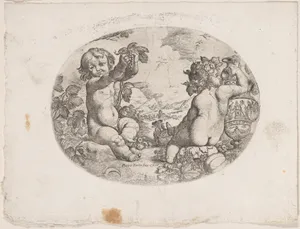 Putto at the left hold aloft grapes,another seated at the right holding an urn, an allegory of the seasons (Summer), an oval composition