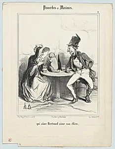 Qui aime Bertrand aime son chien (He who loves Bertrand loves his dog), from Proverbes et Maximes, published in Le Charivari, July 22, 1840 by Honoré Daumier|Bauger et Cie|Aubert et Cie