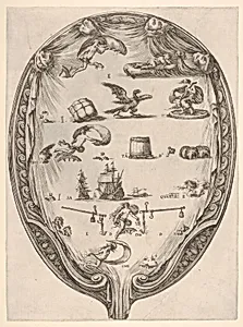 Rébus on the subject of fortune, a riddle depicted on drapery surrounded by a frame, an oval composition by Stefano della Bella