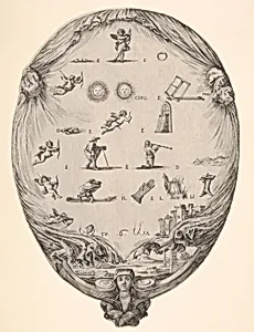 Rébus on the subject of love, a riddle depicted on drapery, below a landscape with a pyramid and two obelisks, a bust of a sphinx at bottom, an oval composition by Stefano della Bella