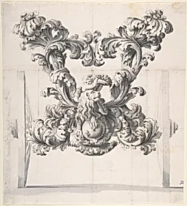 Rear View of an Elaborate Design for a Carriage with Acanthus Leaves and a Putto and Lion on top of a Ball with Three Fleurs-de-Lis by Anonymous, Italian, late 17th to early 18th century