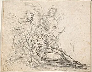 Reclining Figure of Saint Holding Cross, Supported by Two Angels (Death of the Magdalene?) by Anonymous, Spanish, School of Seville, 17th century|Pedro Duque Cornejo