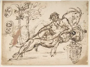 Reclining River God, a Goat's Head, and Studies of Heraldic Emblems (recto); Cavalier Standing on a Globe Supported by a Kneeling Giant (verso)