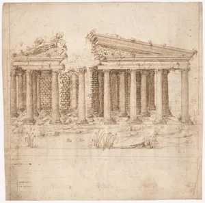 Recto: Front Elevation of a Roman Temple in Ruins (inspired by Giuliano da Sangallo); Verso: Elevation of the Nave of a Roman Basilica in Ruins (? the Basilica Giulia, inspired by Giuliano da Sangallo).