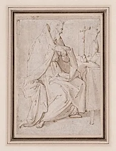 (recto) Seated Bishop Saint Praying Before a Crucifix; (verso) the cropped figure of a youth seen in frontal view (somewhat damaged). by Anonymous, Spanish, late 16th–early 17th century