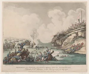 Rehearsal of a French Invasion as Performed before the Invalids at the Islands of St Marcou on the Morning of the 7th of May 1798 by Thomas Rowlandson|Rudolph Ackermann, London