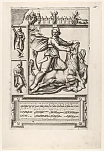 Relief with Mithras kneeling upon a bull and driving a sword into its shoulder, at left two smaller standing figures, one holding a sheathed sword and one holding a sword, a frieze with chariots and serpents coiled around figures above by Anonymous, Italian, 16th century|Antonio Lafreri