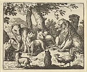 Renard Exonerates Himself of His Crimes Before the Lion from Hendrick van Alcmar's Renard The Fox by Allart van Everdingen