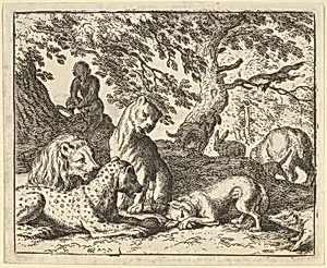 Renard Falsely Accuses His Father of Conspiring Against the Lion from Hendrick van Alcmar's Renard The Fox by Allart van Everdingen
