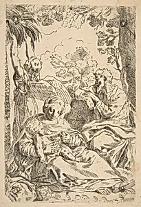 Repose in Egypt, Holy Family seated while an angel pulls at tree branches, copy after Cantarini by Simone Cantarini