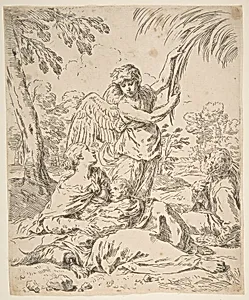 Repose in Egypt, Mary nursing the infant Christ while an angel pulls at tree branches by Simone Cantarini