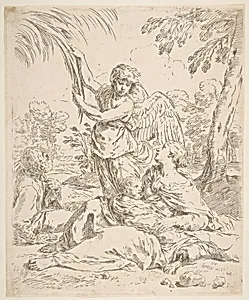 Repose in Egypt, Mary nursing the infant Christ while an angel pulls at tree branches by Simone Cantarini