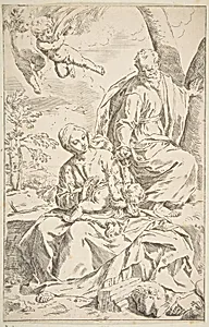 Rest on the flight into Egypt, Mary holding the infant Christ while St. Joseph hands him a fruit by Simone Cantarini