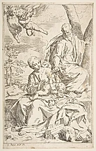 Rest on the flight into Egypt, Mary holding the infant Christ while St. Joseph hands him a fruit by Simone Cantarini