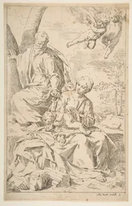 Rest on the flight into Egypt, Mary holding the infant Christ while St. Joseph hands him a fruit