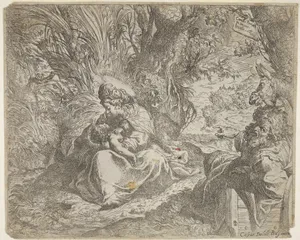 Rest on the flight into Egypt, the Virgin seated on grass in a grove with the Christ Child in her lap, at right Joseph reclines and points toward them, a donkey beyond Joseph