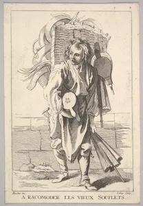 Reverse copy of A Racomoder les Vieux Souflets (Mend the Old Bellows), from Le Cris de Paris (The Cries of Paris), plate 3
