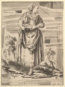 Reverse copy of Contadina, Recueil de diverses fig.res étrangeres Inventées par F. Boucher P.tre du Roy et Gravées par F. Ravenet (Collection of Various Foreign Figures, Devised by F. Boucher, Painter of the King and Engraved [etched] by F. Ravenet), plate 7