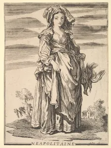 Reverse copy of Neapolitaine, from Recueil de diverses fig.res étrangeres Inventées par F. Boucher P.tre du Roy et Gravées par F. Ravenet (Collection of Various Foreign Figures, Devised by F. Boucher, Painter of the King and Engraved [etched] by F. Ravenet), plate 2