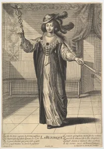 Rhetoric: a young woman standing in a decorated interior with a caduceus in her right hand and a closed fan in her left hand, from "The liberal arts" (Les arts liberaux)