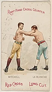 Right Hand Cross Counter, Young Mitchell and George La Blanche, from the Boxing Positions and Boxers series (N266) issued by P. Lorillard Company to promote Red Cross Long Cut Tobacco by P. Lorillard Company|H.A. Thomas & Wylie Lithographer Co., New York