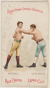 Right Hand Cross Counter, Young Mitchell and George La Blanche, from the Boxing Positions and Boxers series (N266) issued by P. Lorillard Company to promote Red Cross Long Cut Tobacco