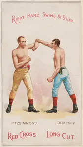 Right Hand Swing and Stop, Bob Fitzsimmons and Jack Dempsey, from the Boxing Positions and Boxers series (N266) issued by P. Lorillard Company to promote Red Cross Long Cut Tobacco