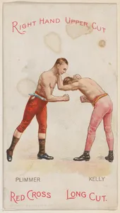 Right Hand Upper Cut, Billy Plimmer and Tommy Kelly, from the Boxing Positions and Boxers series (N266) issued by P. Lorillard Company to promote Red Cross Long Cut Tobacco