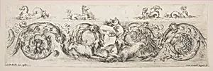 Rinceaux with Child Frightened by Dogs, plate 8 from "Decorative friezes and foliage" (Ornamenti di fregi e fogliami) by Stefano della Bella